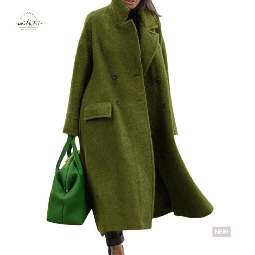 Oversized Wool Blend Pea Coat Long Winter Trench Coat Loose Fit
